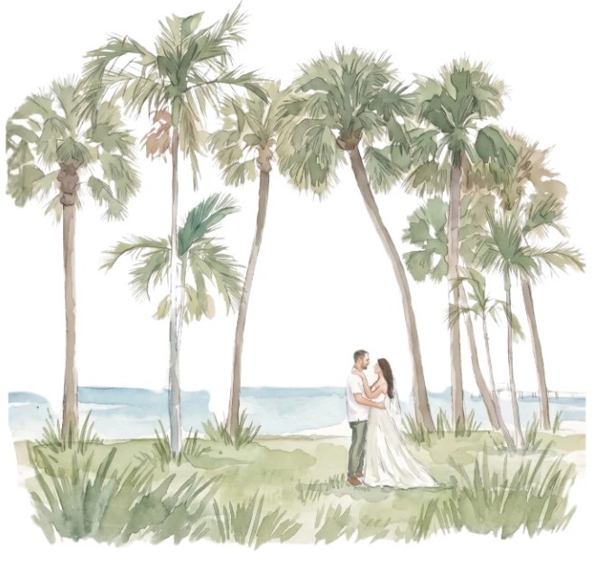 Watercolor of Jason and Alejandra under palm trees by the ocean